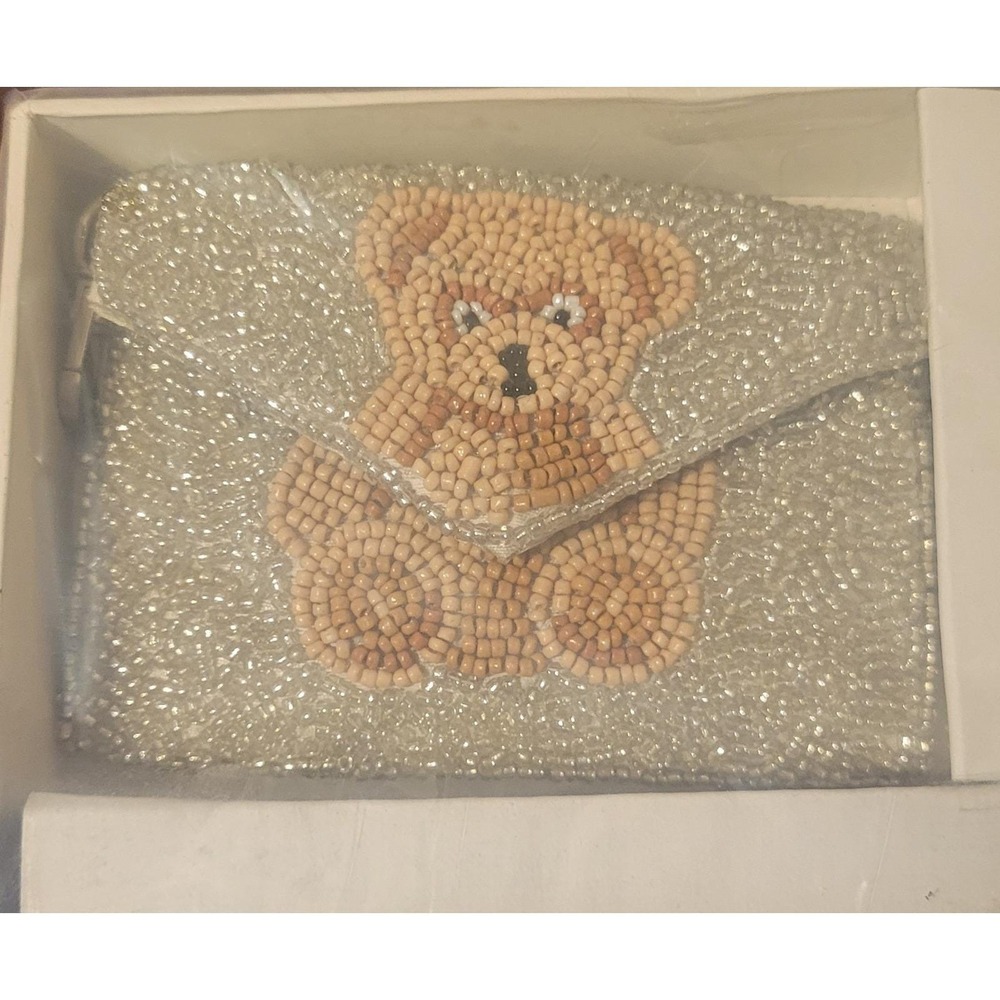 Rachel Zoe Silver Beaded Bear Clutch Shoulder Strap Card Case Bag Charm - Picture 6 of 9
